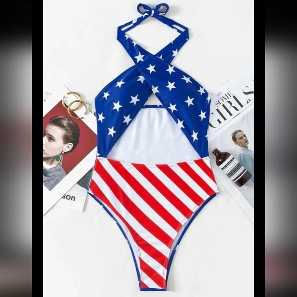 Star-Spangled Halter Monokini Bikini - Blue, Red & White